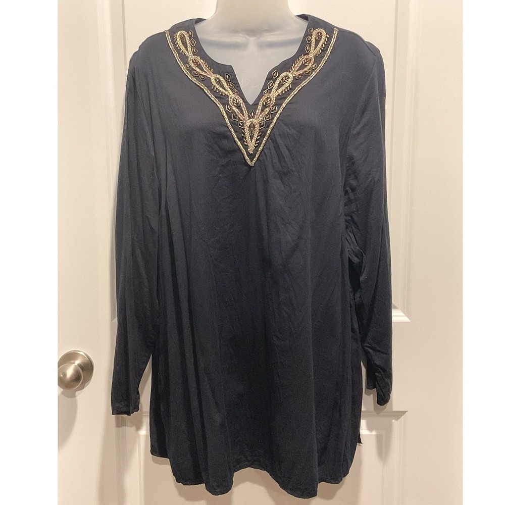 Liz & Me Women's Embellished Tunic Top 1X Black‎ V-Neck Long Sleeve Plus Blouse